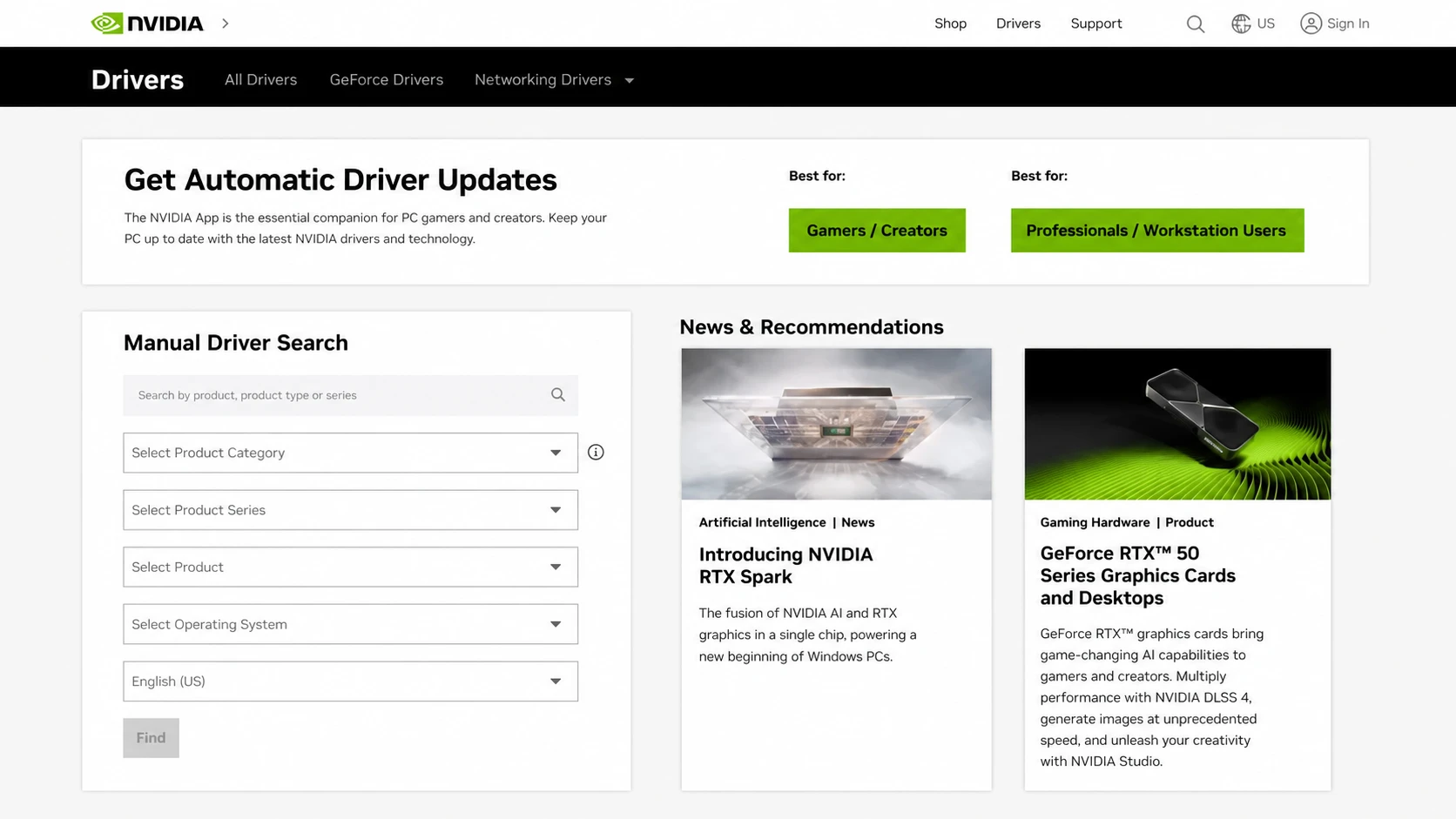 Nvidia graphic driver download page