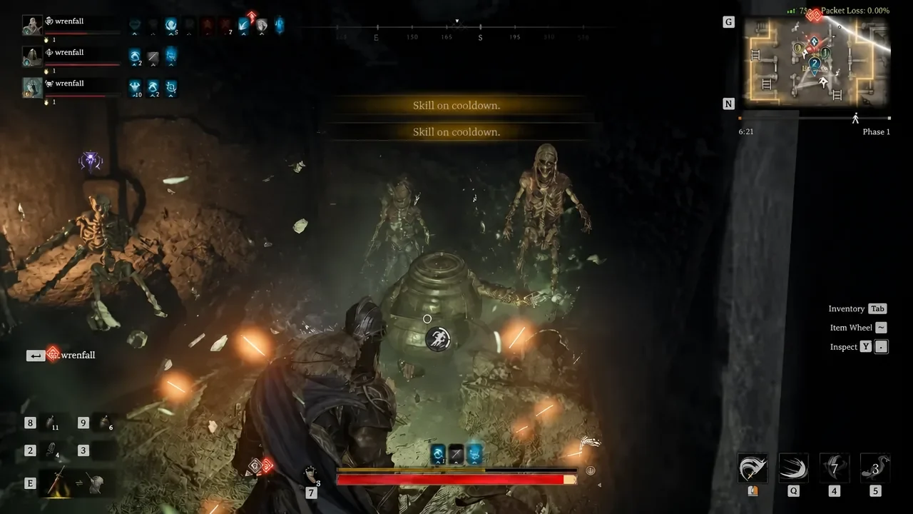 Combat against skeletons with a Skill on cooldown warning showing on screen