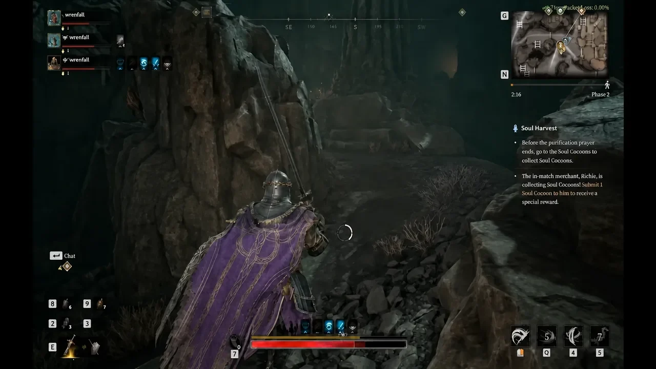 Armored hunter moving through a rocky cavern with the Soul Harvest objective panel on screen