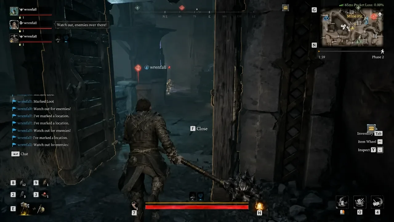 Gameplay view of an open doorway with the highlighted F Close prompt as the player passes through.