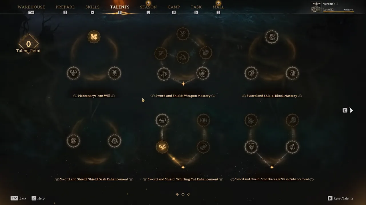 The Talents tab open in Mistfall Hunter with the Mercenary talent trees ready for allocation.