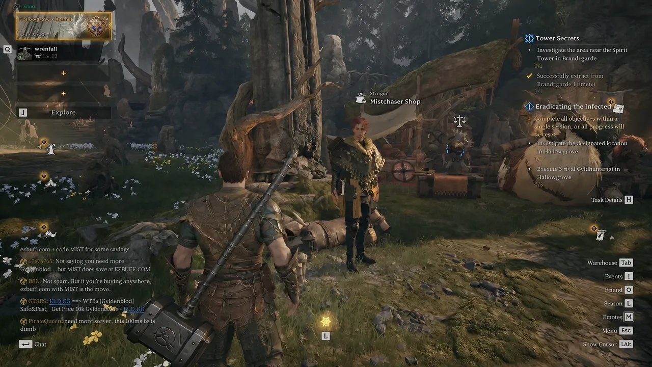 The Mistchaser Shop interaction prompt appearing as the player walks up to the Stinger NPC.