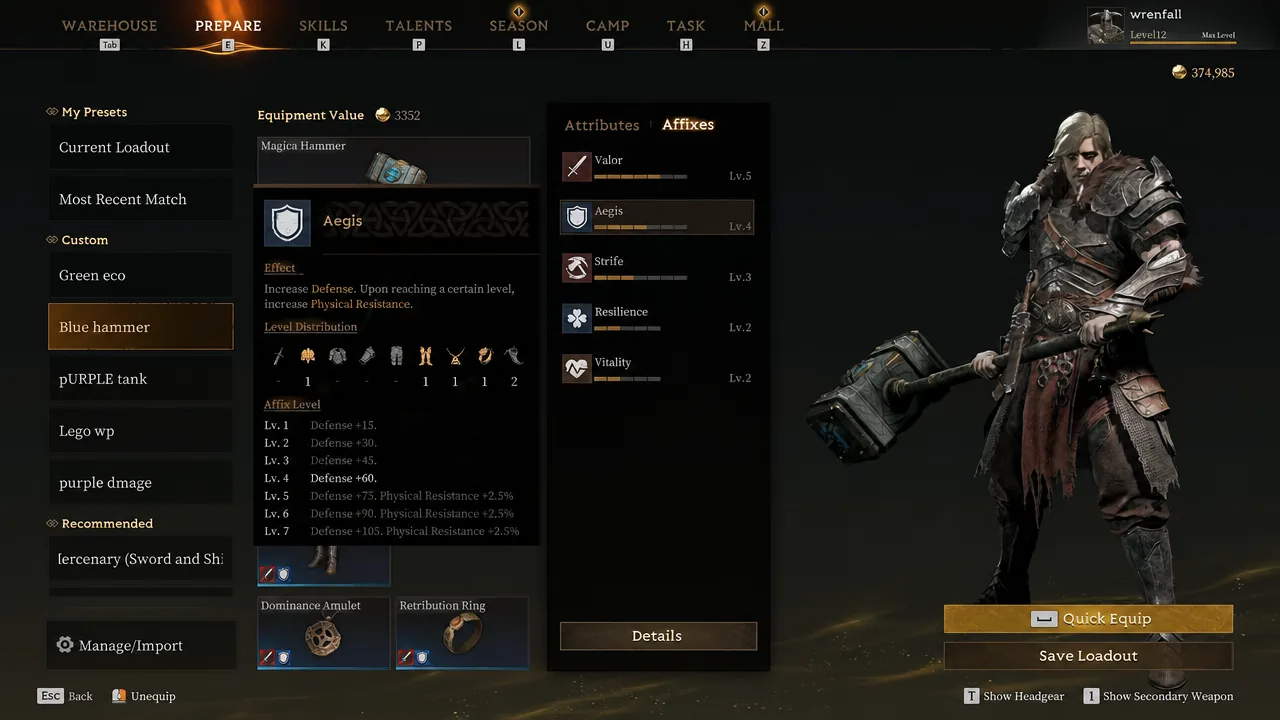 The Affixes tab on the Prepare screen with Aegis selected and its tooltip open.