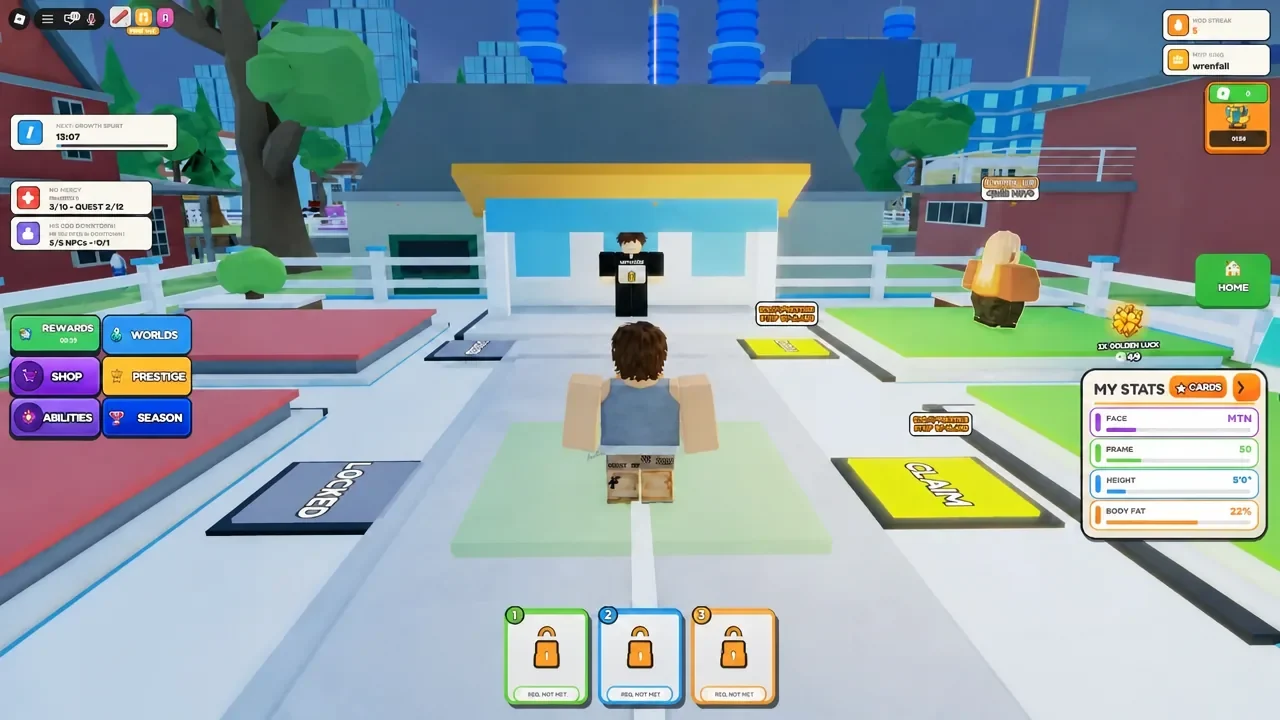 The HOME button selected, showing the player's avatar standing in the central base hub