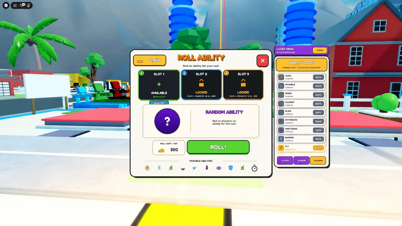 The ROLL ABILITY screen with Slot 1 highlighted and the ROLL button ready