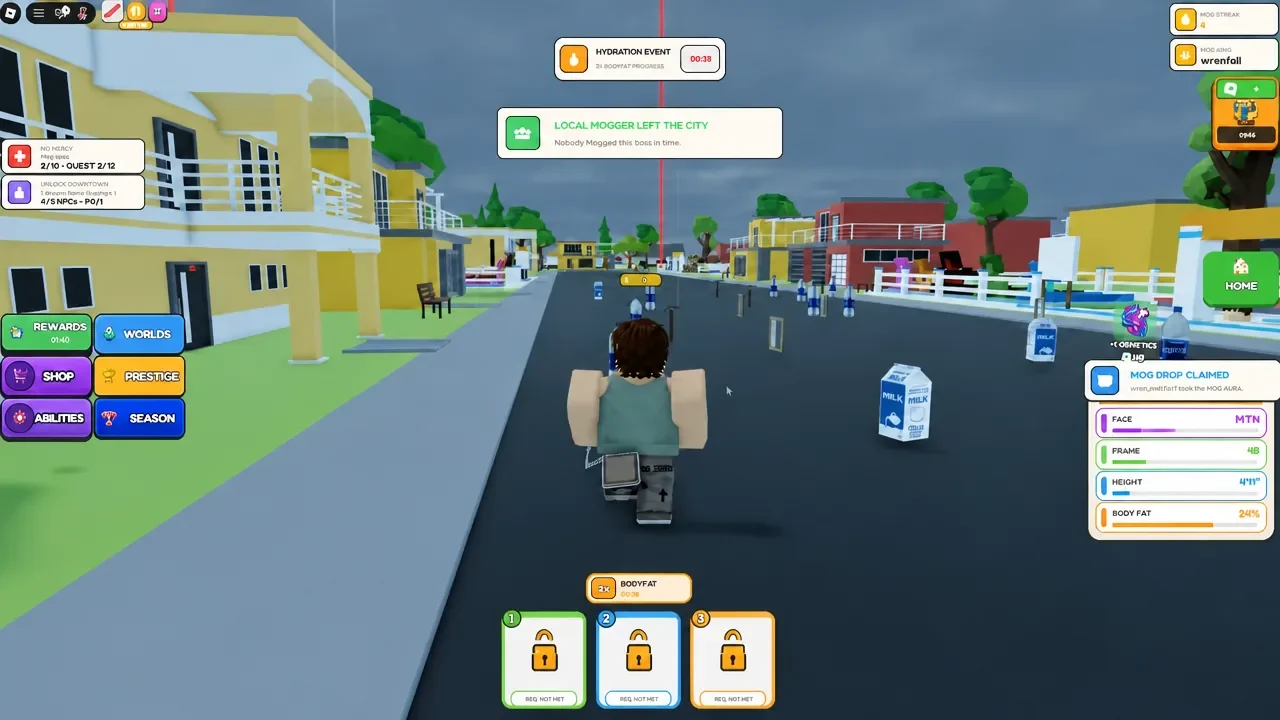 Running through the city with a timed BODYFAT boost active and locked upgrade slots on screen