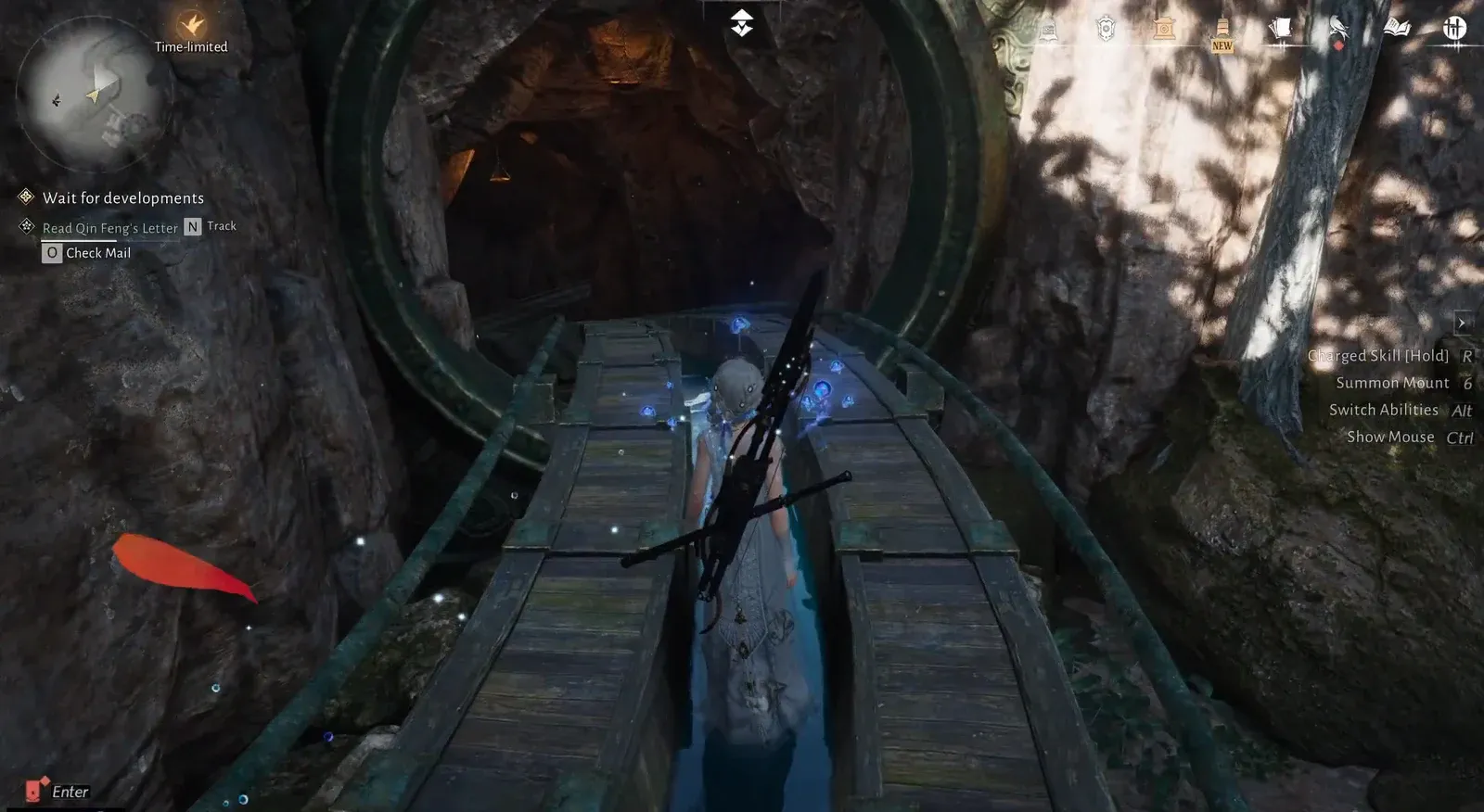 Character crosses a wooden bridge toward the tunnel entrance with the Wait for developments objective on screen