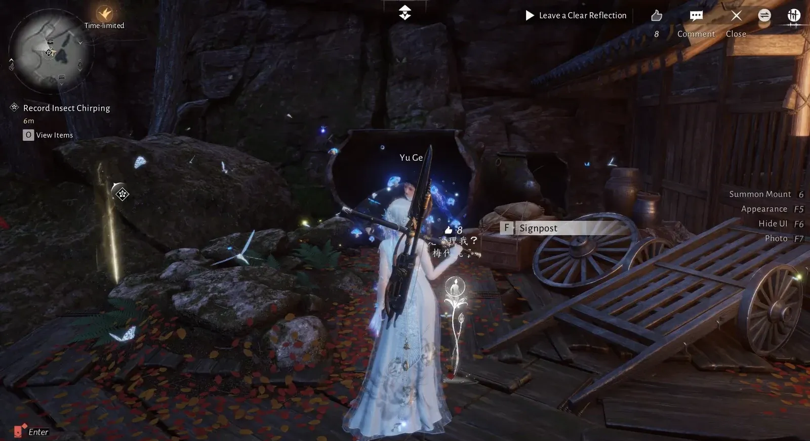 Character presses F at a signpost while the Record Insect Chirping objective is active