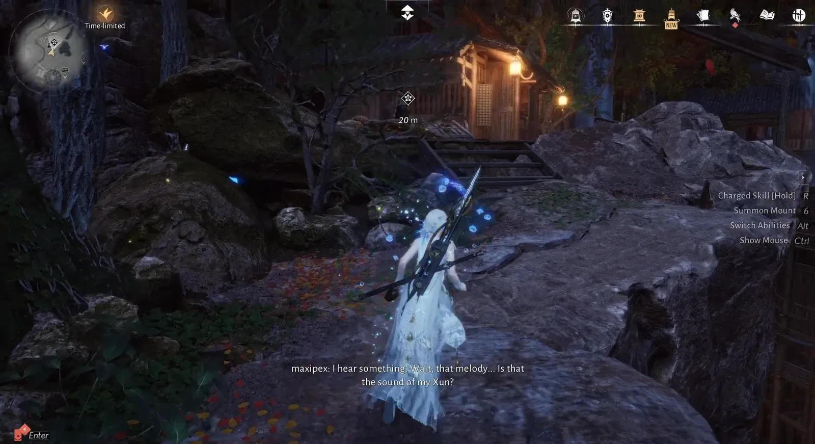 Character follows a 20-meter objective marker toward a lantern-lit doorway at night
