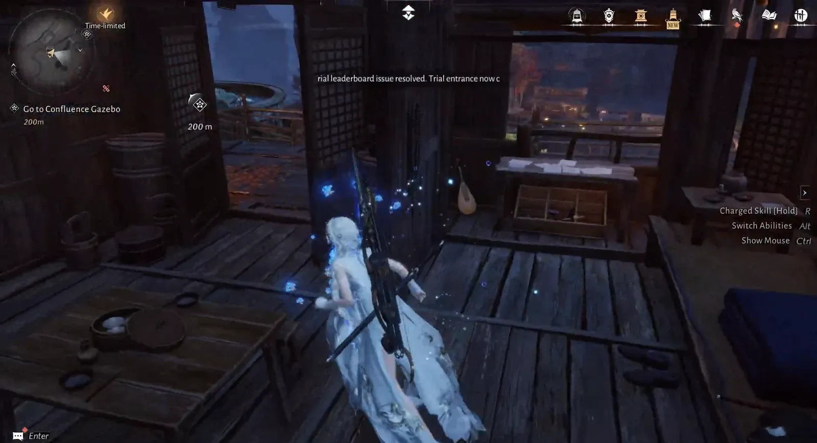 HUD shows the Go to Confluence Gazebo objective as the character moves through a wooden interior