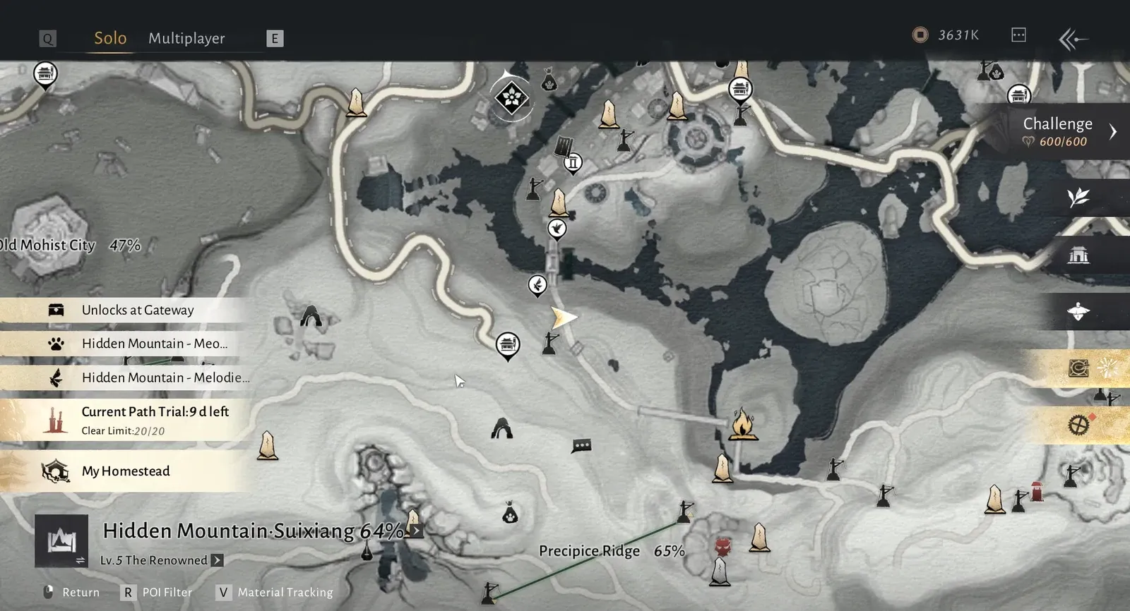 Solo world map open with Hidden Mountain-Suixiang selected showing 64 percent completion