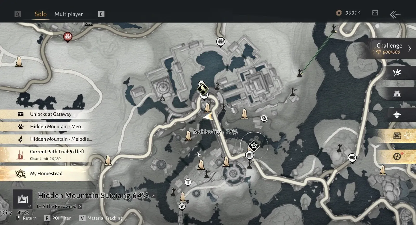 World map open over Mohist City with Hidden Mountain-Suixiang selected and filtering controls visible