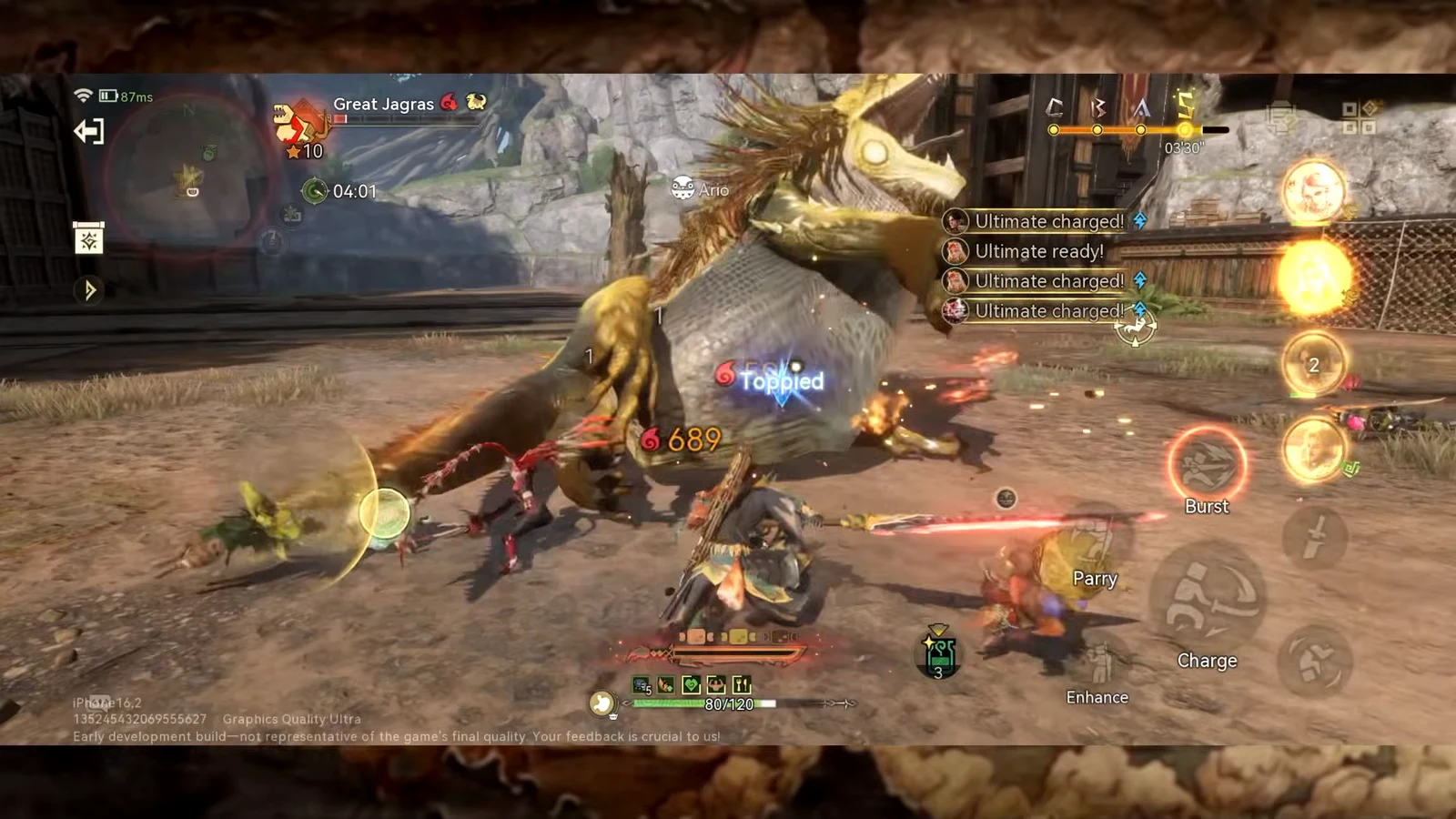 Combat screen with Great Jagras toppled and Burst, Parry, Charge, and Enhance controls visible