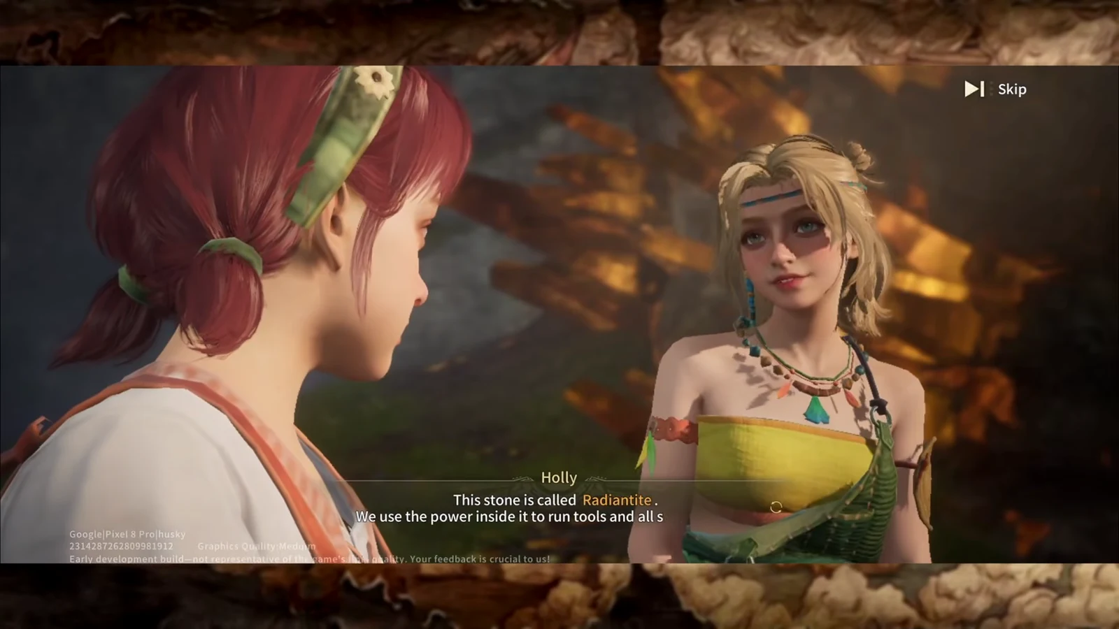 Story cutscene with Holly explaining Radiantite, Skip button in the upper right