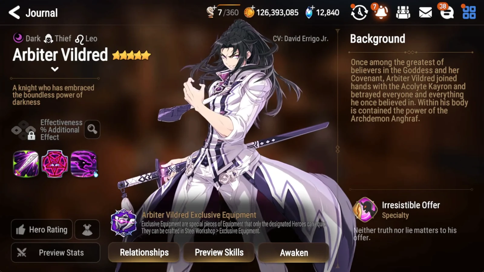 Arbiter Vildred's Journal page open on his Background biography with skill and awakening tabs