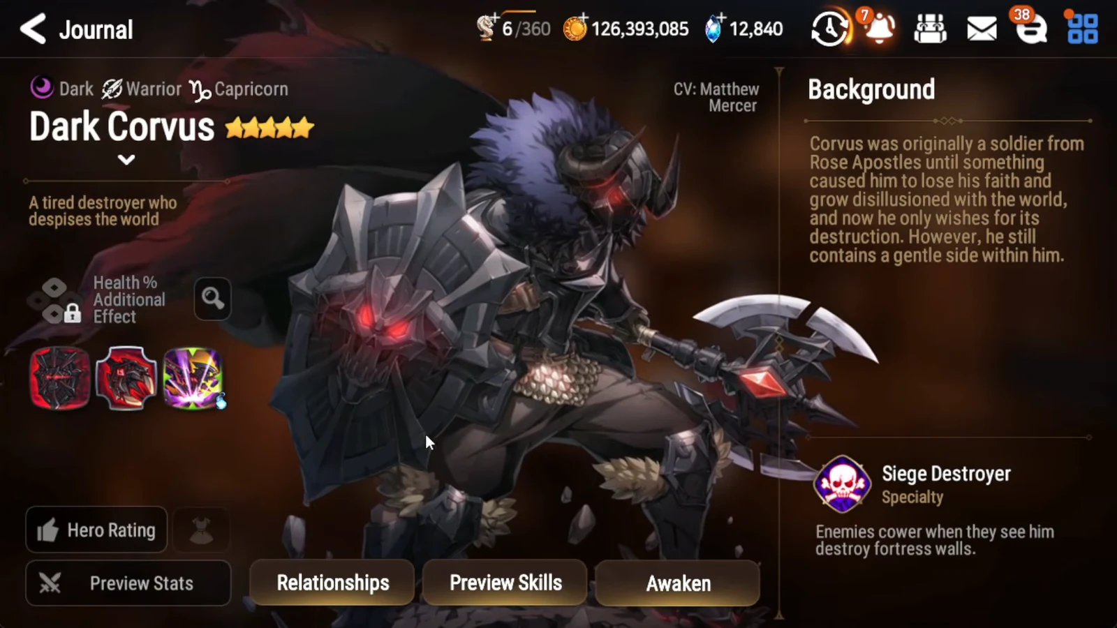 Dark Corvus profile open in the Journal showing his background lore