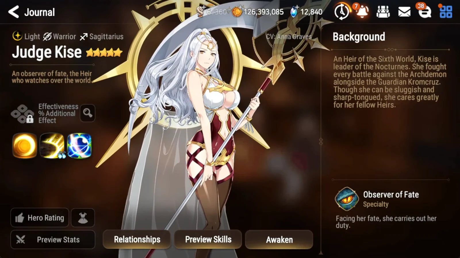 Judge Kise hero page in the Journal with the Relationships tab selected