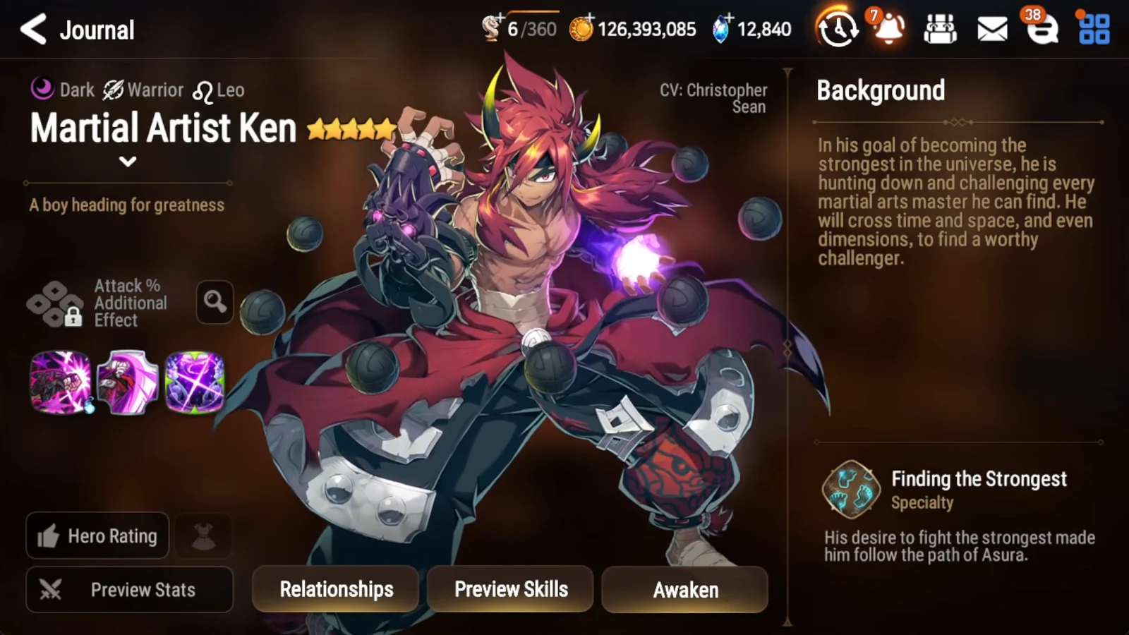 Martial Artist Ken hero profile in the Journal with Hero Rating and Preview Stats options