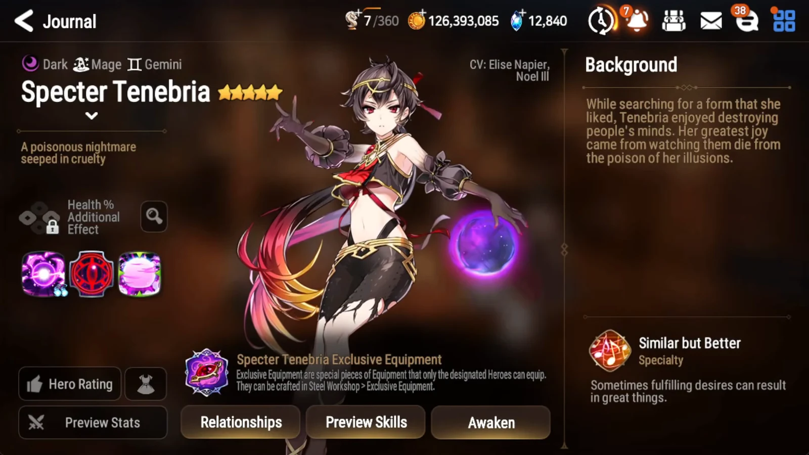 Specter Tenebria hero details screen showing her background, exclusive equipment and preview options