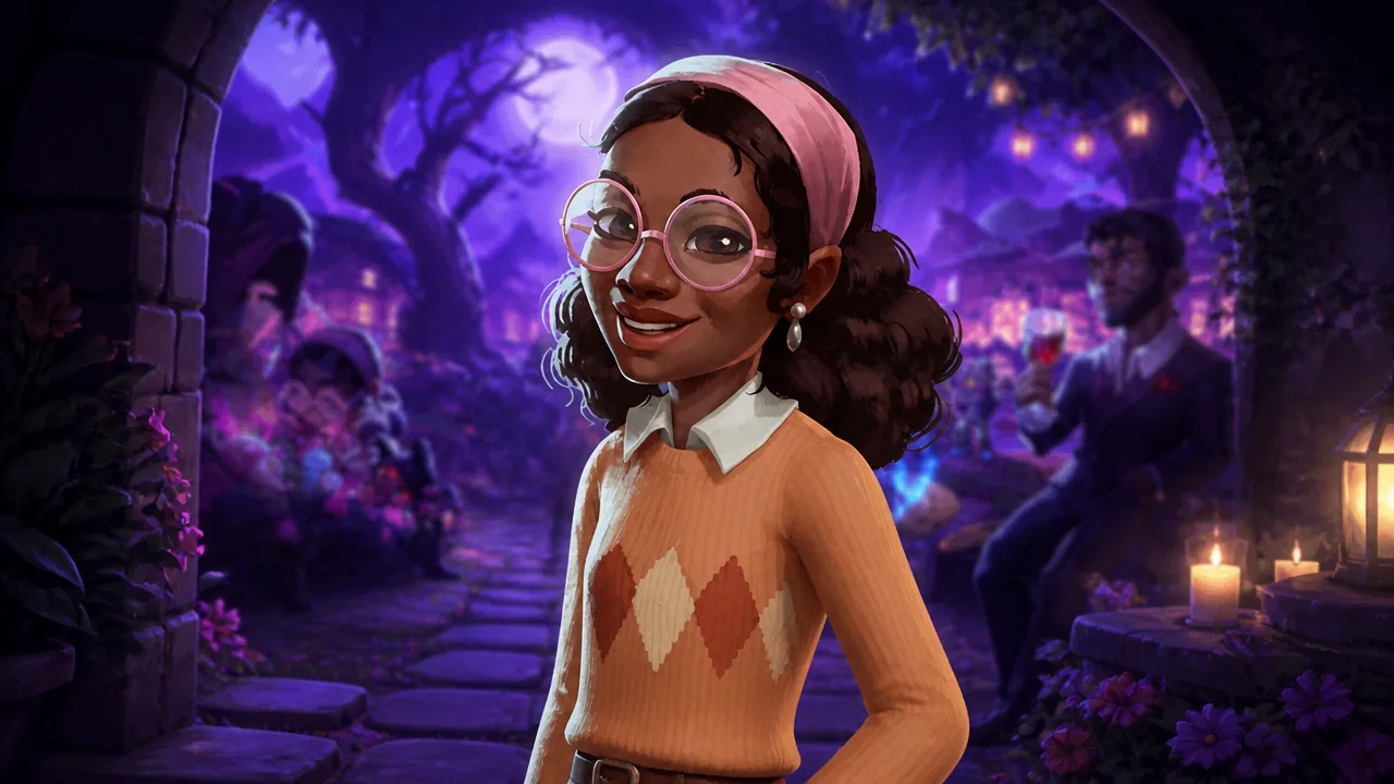 Moonlight Peaks museum: Jada in front of a blurred screenshot