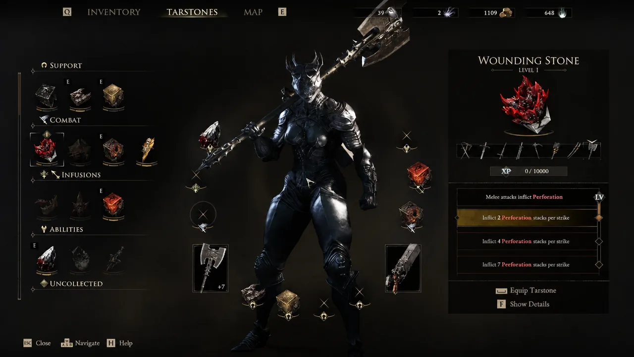 Tarstones menu with Wounding Stone Level 1 selected, listing its Perforation effect