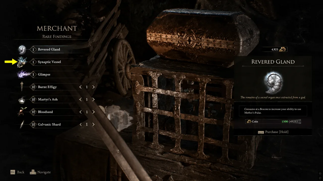 Merrick's rare stock menu in Marrow Keep with the Revered Gland selected and the purchase prompt showing