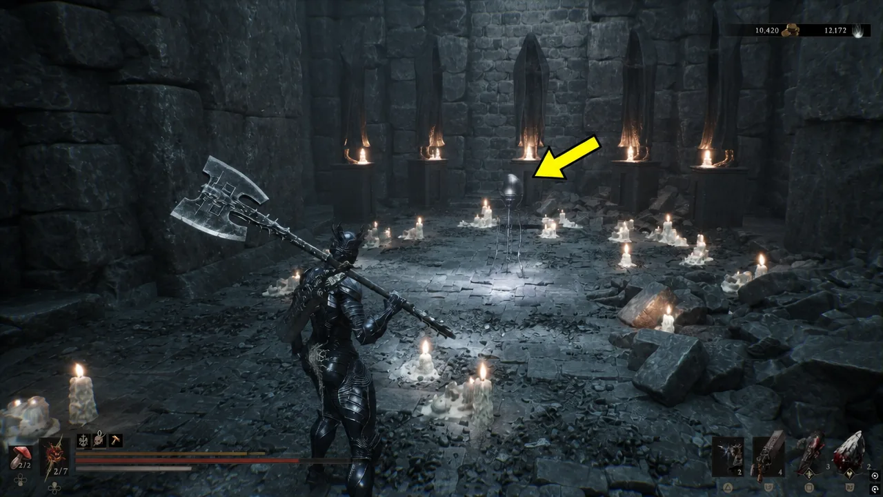 The Harbinger stepping toward a glowing pickup on a pedestal inside a candlelit stone chamber