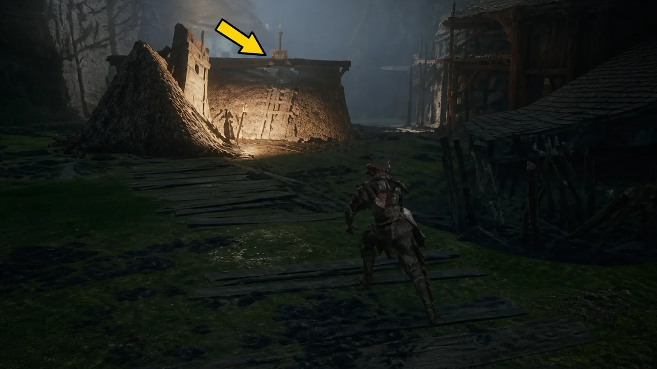 Player crossing a raised rooftop walkway in the flooded underground village, marked by a yellow arrow