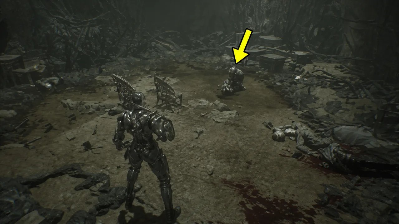 Yellow arrow pointing at a slumped armored corpse at the end of the dungeon, holding the sidearm