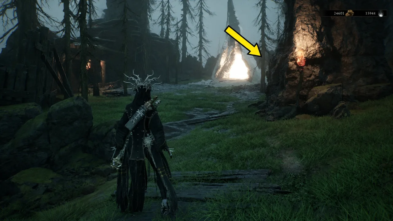 Yellow marker over the glowing cave mouth ahead as the Harbinger walks toward it through the swamp forest