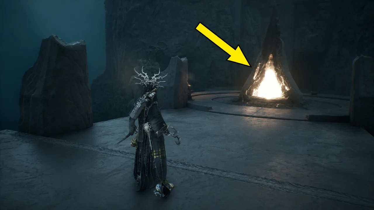 Marker highlighting the glowing triangular gateway in the cavern ahead of the Harbinger