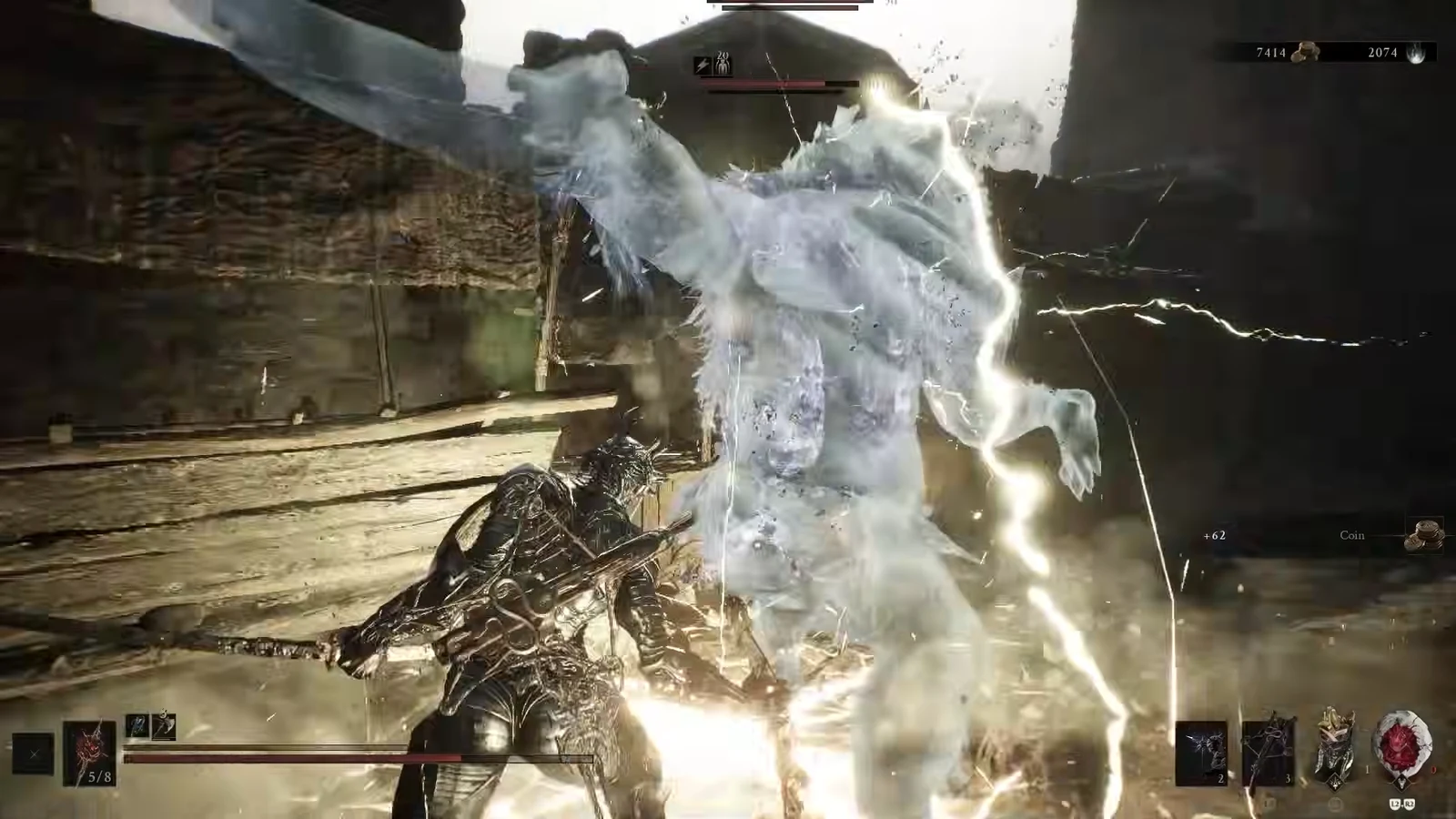 Armored fighter striking a glowing spectral boss under a visible enemy health bar