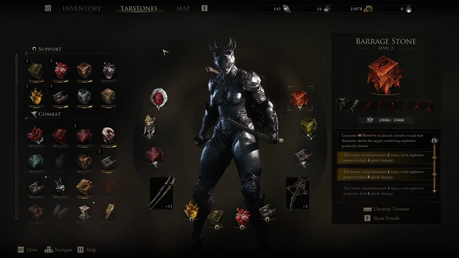 Tarstones menu highlighting Barrage Stone Level 2 and its Resolve cost