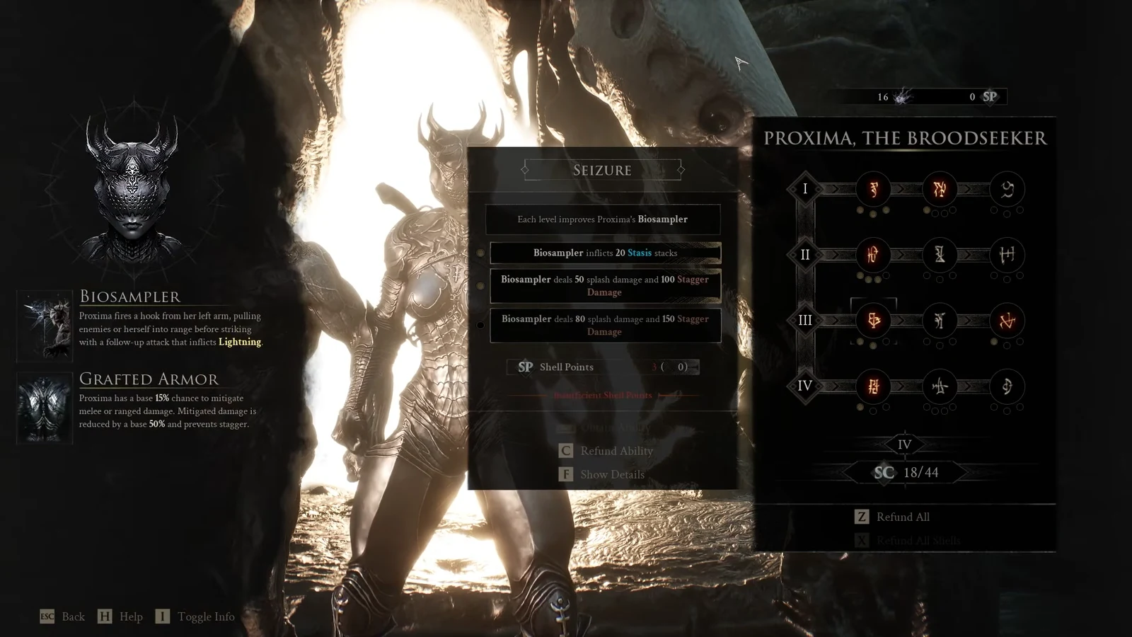 Proxima the Broodseeker skill tree showing Seizure and Biosampler upgrades