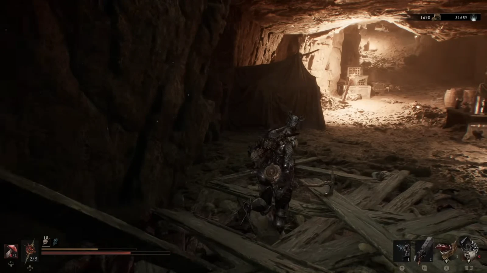 Armored character crossing a wooden platform in a dim cave
