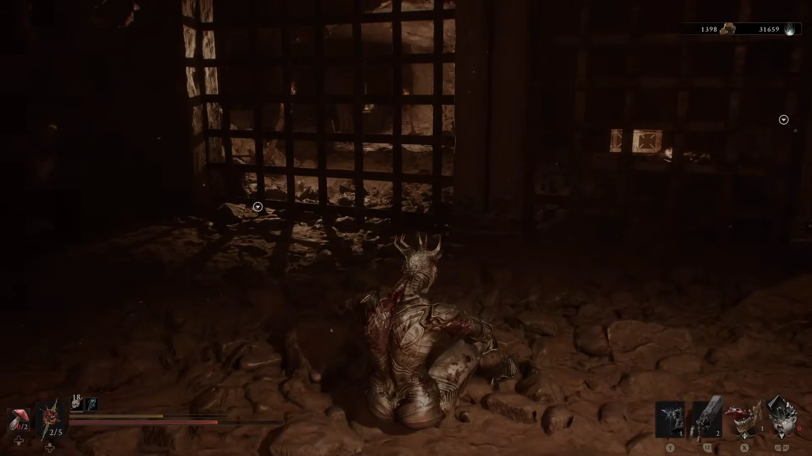 Armored character crouched at a barred gate with interaction markers