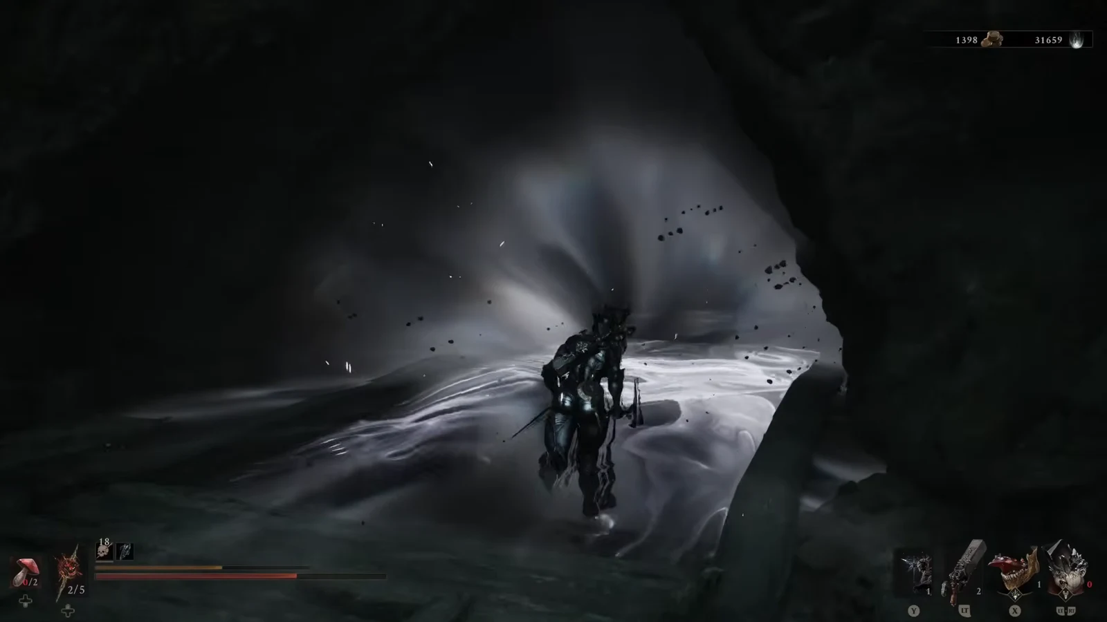 Player advancing through a dark cavern toward an enemy with weapons drawn