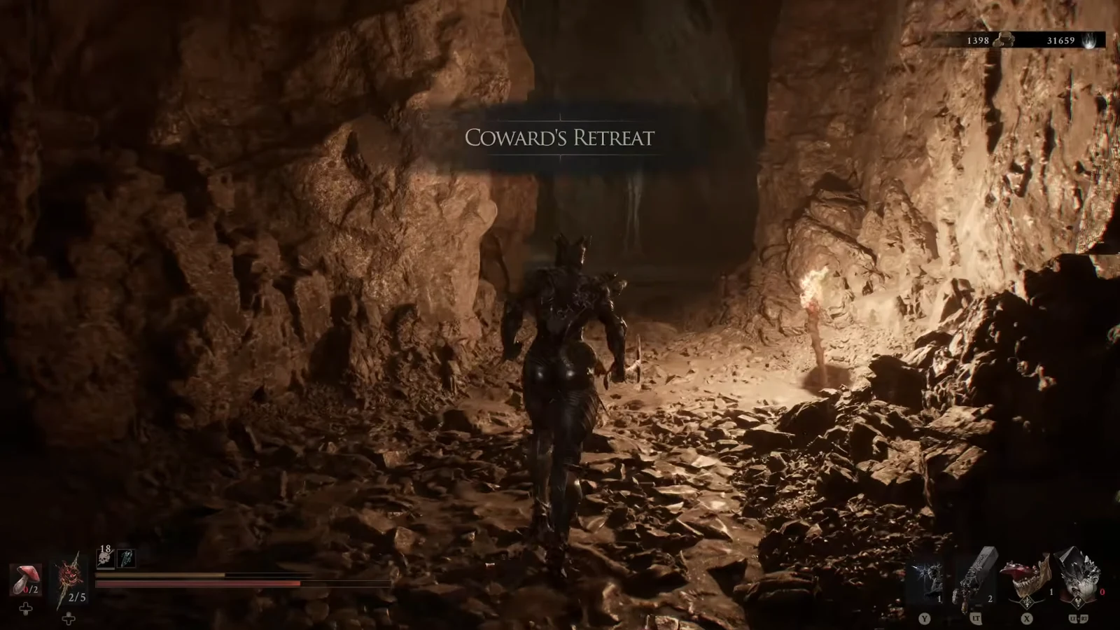 Coward's Retreat title over a rocky cave corridor in Mortal Shell 2