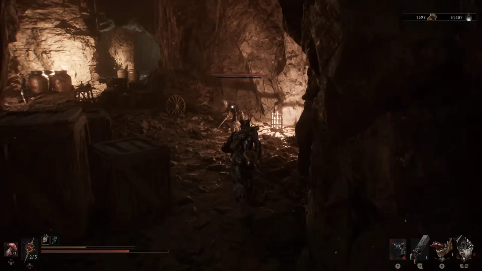 Player closing on a cave enemy with its health bar on screen