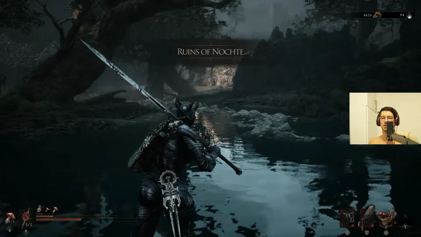 Ruins of Nochte area title on screen as the armored character wades through a flooded forest