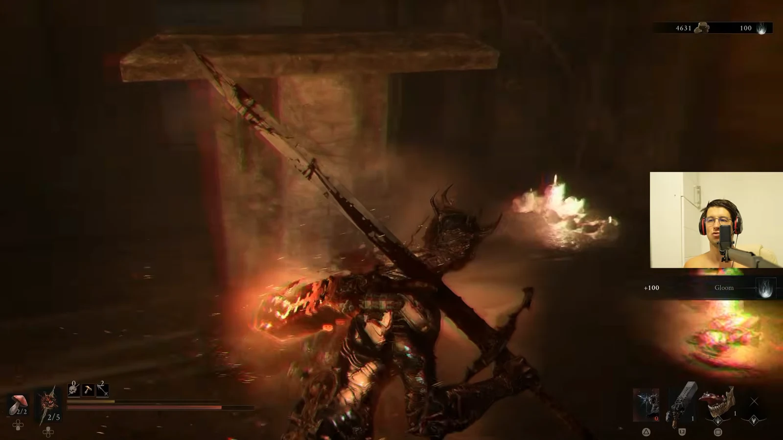 Player fighting a large horned monster amid flames with a Gloom resource pop-up on the HUD