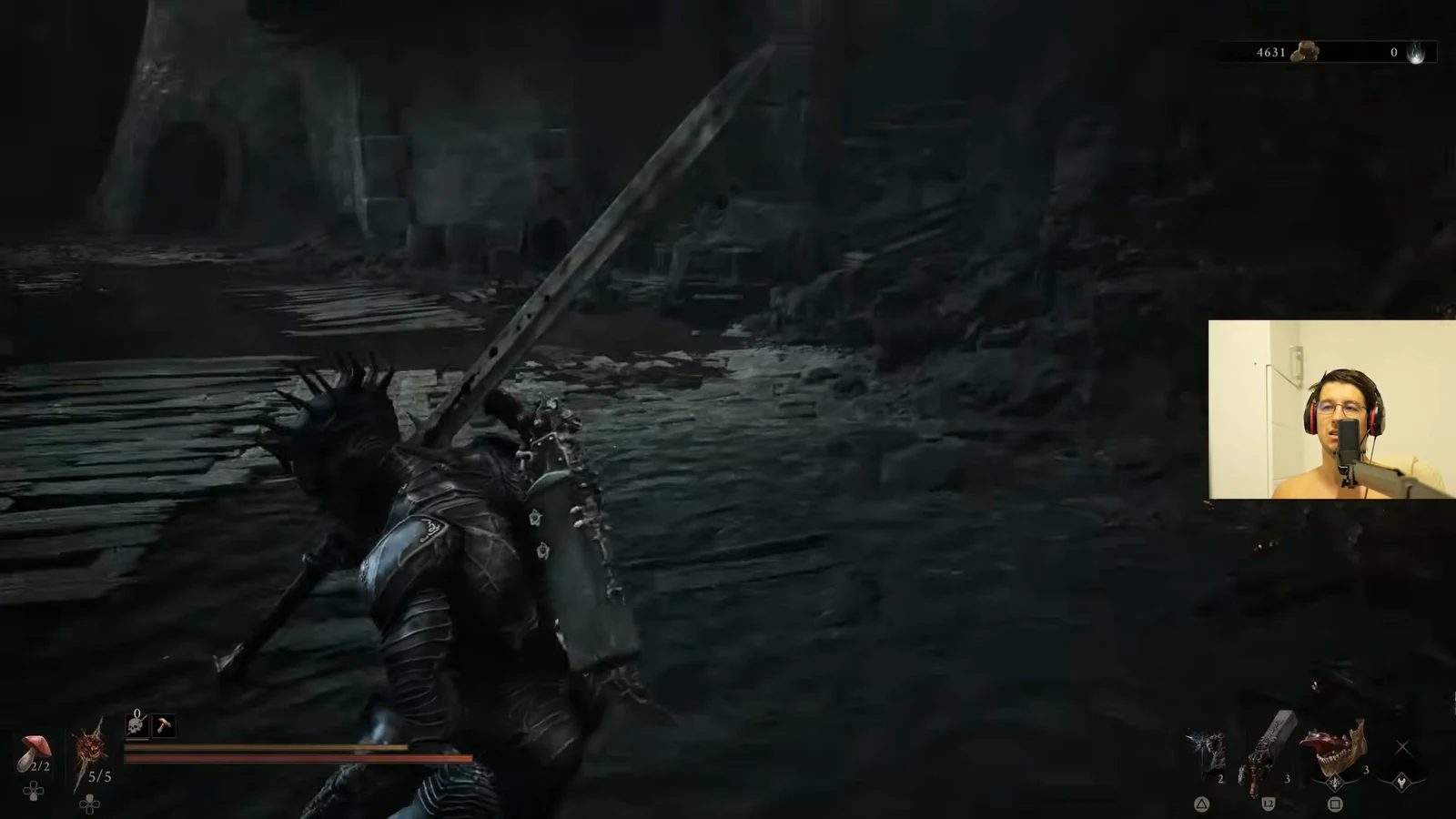 Armored character with sword and shield entering a dark flooded cavern with the HUD visible