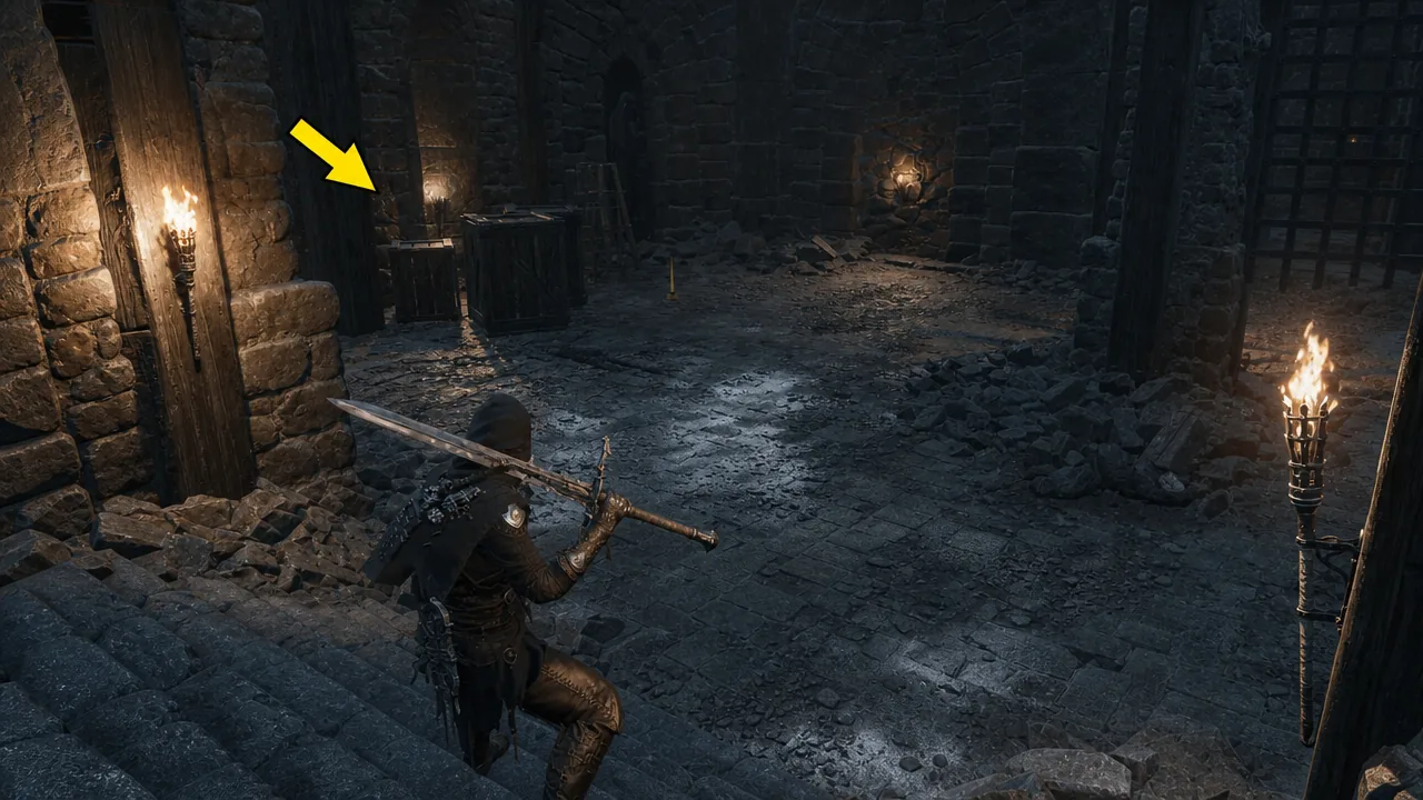 A yellow arrow points to a wooden crate against the wall as the player approaches to break it