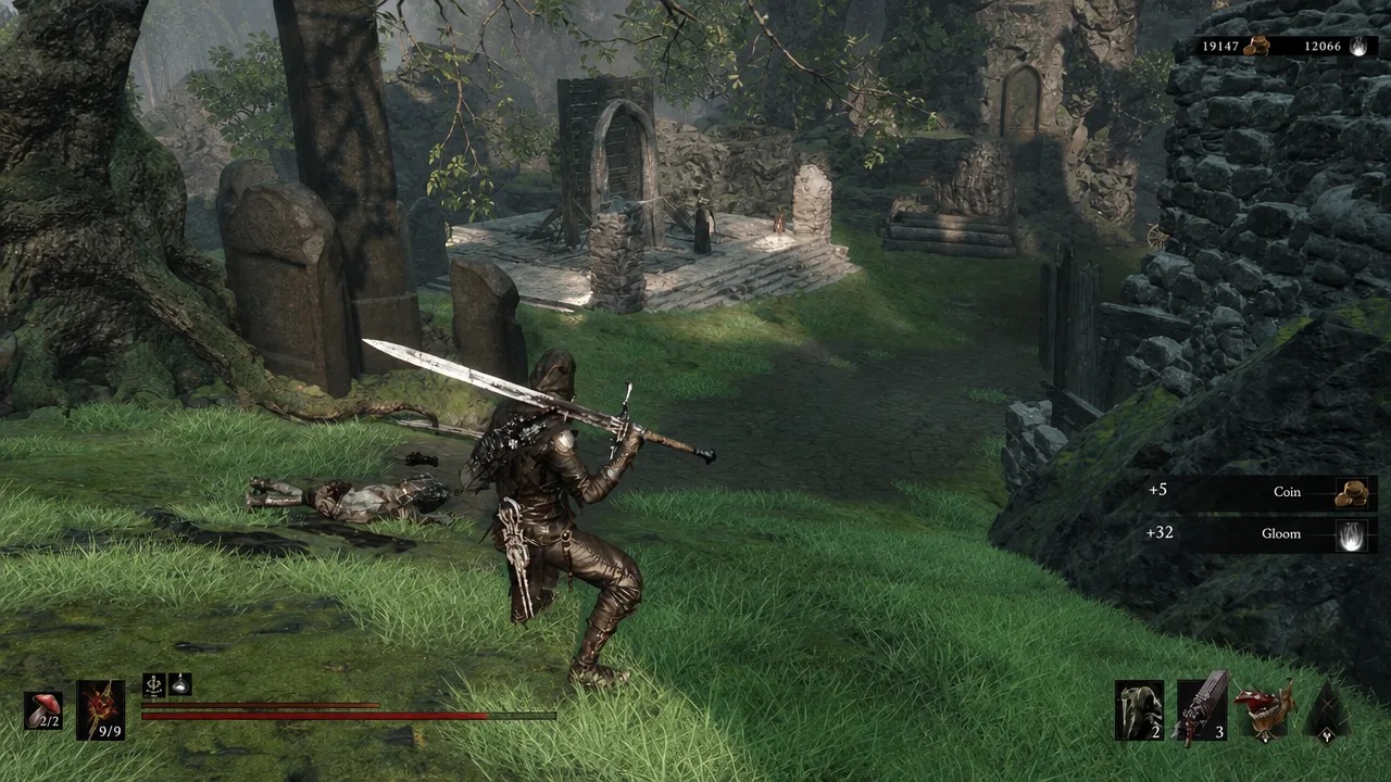 Armored player holding a greatsword in a ruined courtyard as Coin and Gloom rewards pop up after a fight