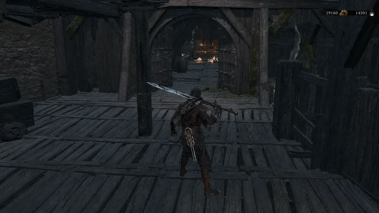 Armored character crossing a wooden platform toward a candlelit archway with sword drawn