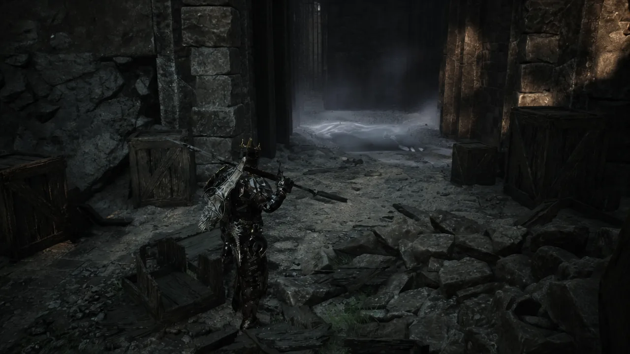 Armored character moving past wooden crates down a dark stone corridor toward a misty doorway.