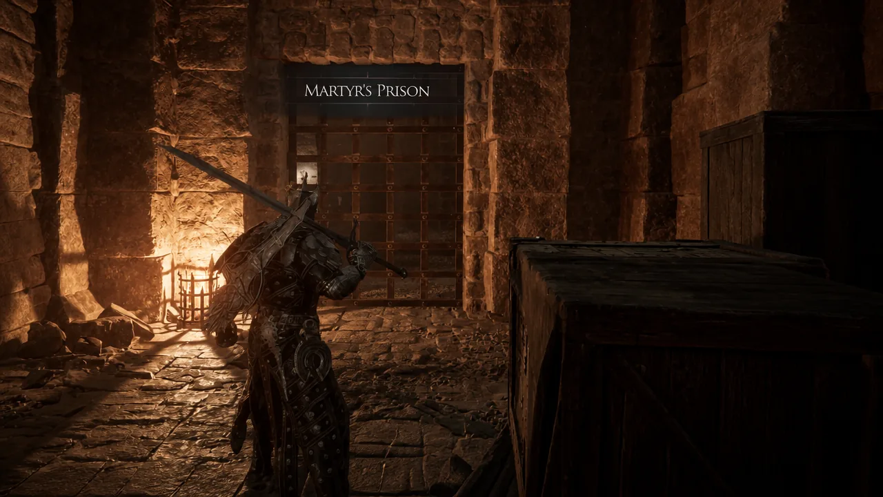 Player character standing before the large door labeled Martyr's Prison in a torchlit dungeon.