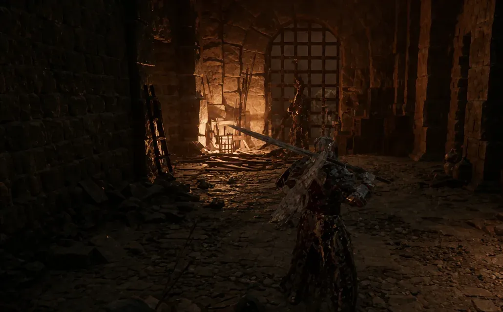 Character wielding a massive sword advancing through the stone prison toward an enemy and a barred portcullis.