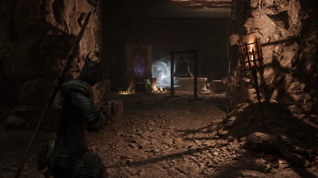 Armored warrior advances through a torchlit cave toward a shrine-like chamber