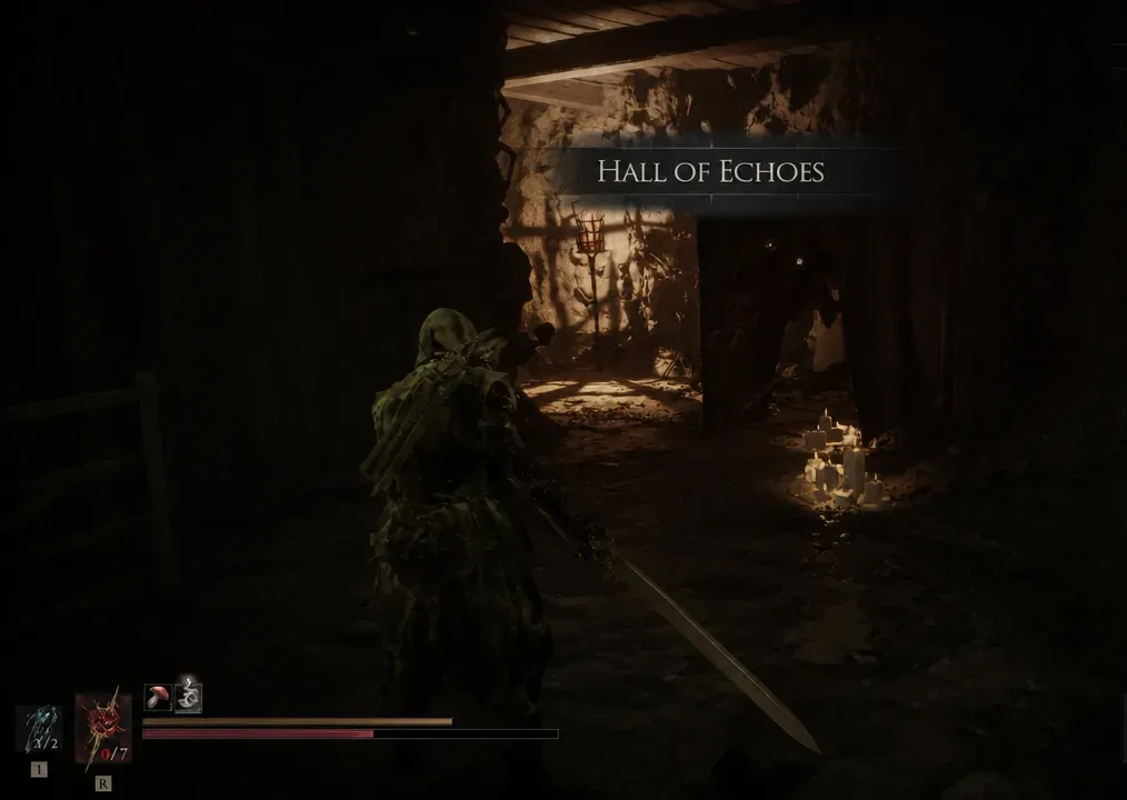 Hall of Echoes location banner appears as the player moves through the candlelit cavern